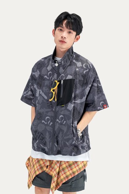 HEA All-Over Print Half-Sleeve Zip-Up Jacket | Unisex Streetwear Casual Stand Collar Top