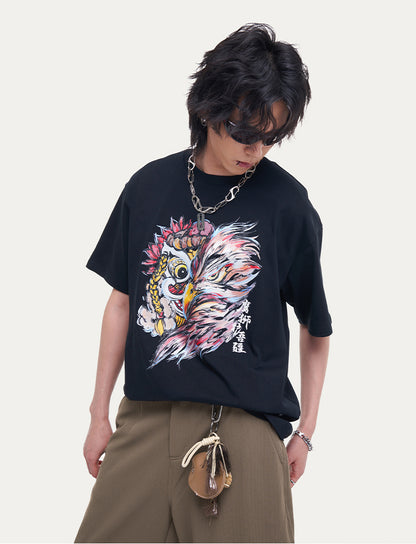 HEA Unisex Heavyweight 100% Cotton Lion Eagle Graphic T-Shirt, Oversized Streetwear