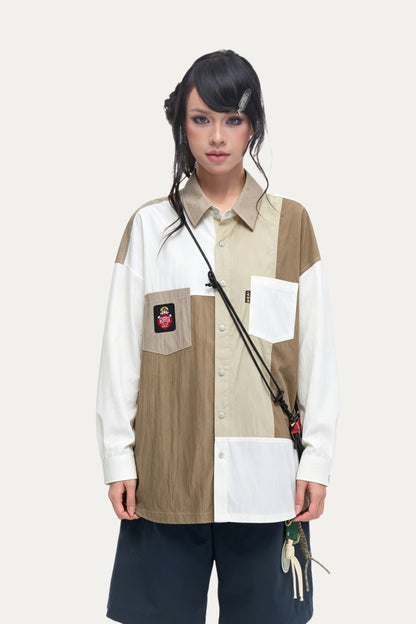 HEA Patchwork Color Block Oversized Button-Up Shirt | Unisex Streetwear Casual Top