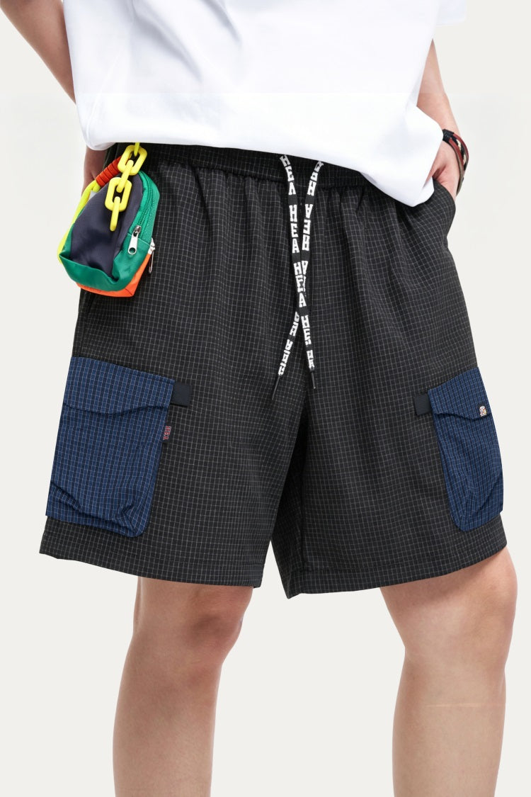 HEA Waffle Knit Patchwork Cargo Shorts, Men’s Streetwear Casual Utility Shorts