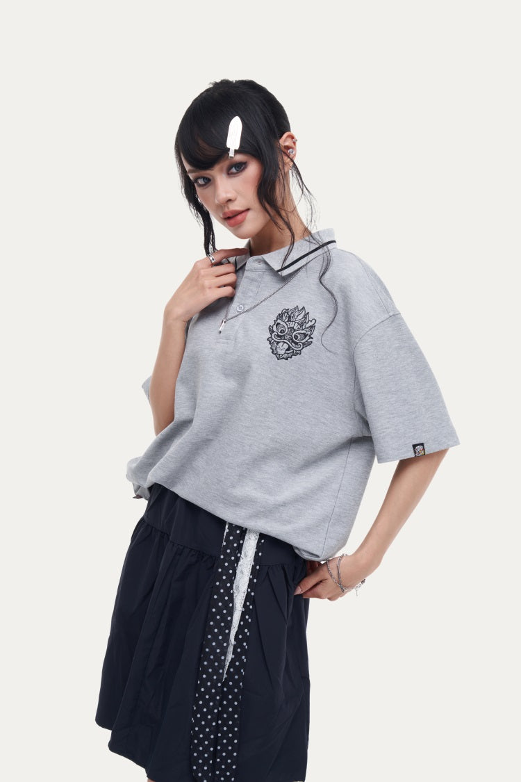 HEA Unisex Oversized Polo Shirt, Short-Sleeve Streetwear Top with Embroidered Lion Logo, Casual Collared Tee for Men & Women