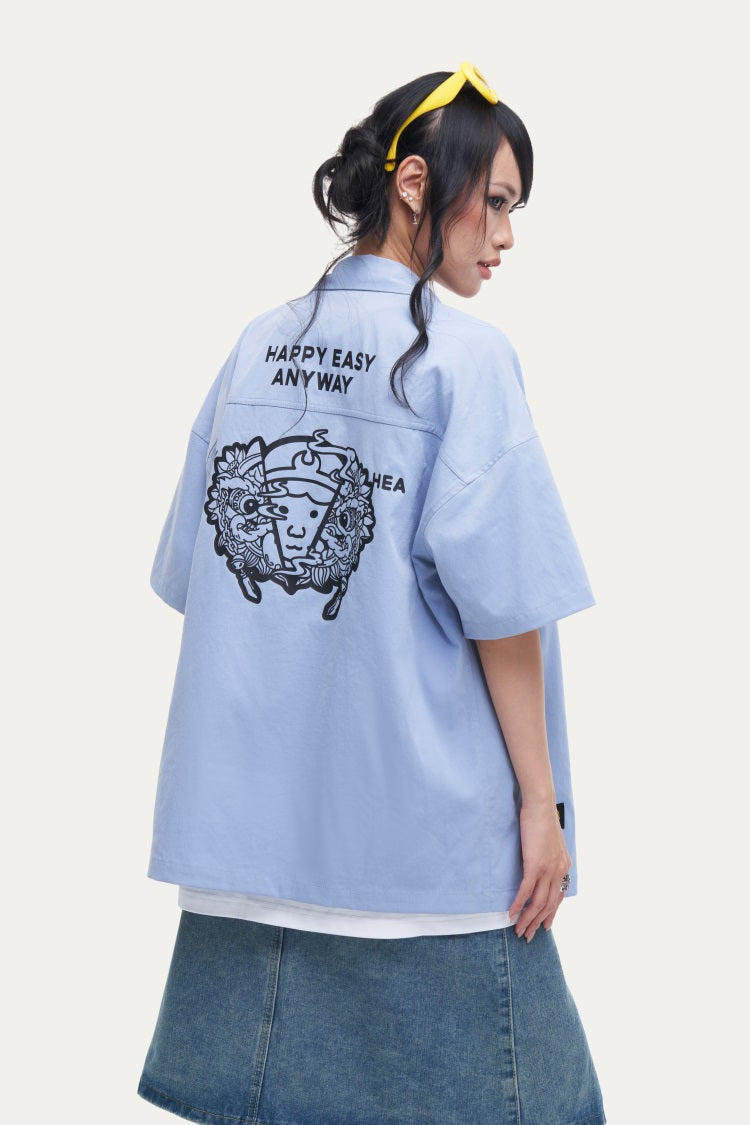 HEA Unisex Oversized Short-Sleeve Shirt, Streetwear Button-Up Top with Front & Back Lion Print, Casual Loose Fit Blouse for Men & Women