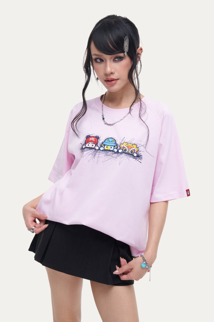 HEA Unisex Oversized Cartoon Print T-Shirt, Crew Neck Cotton Tee with Graffiti-Style Character Design, Casual Streetwear Top for Men Women