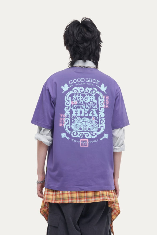 HEA Unisex Oversized Graphic T-Shirt, Crew Neck Cotton Tee with Front & Back Lion Print, Casual Streetwear Top for Men Women