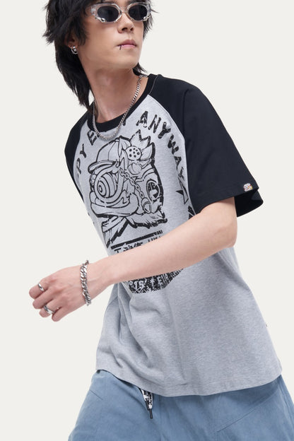 HEA Unisex Heavyweight 100% Cotton Raglan Sleeve Lion Print T-Shirt, Casual Streetwear Short Sleeve