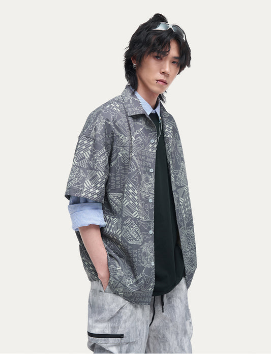 HEA Unisex Allover Print Button Up Shirt, Casual Streetwear Short Sleeve Camp Shirt