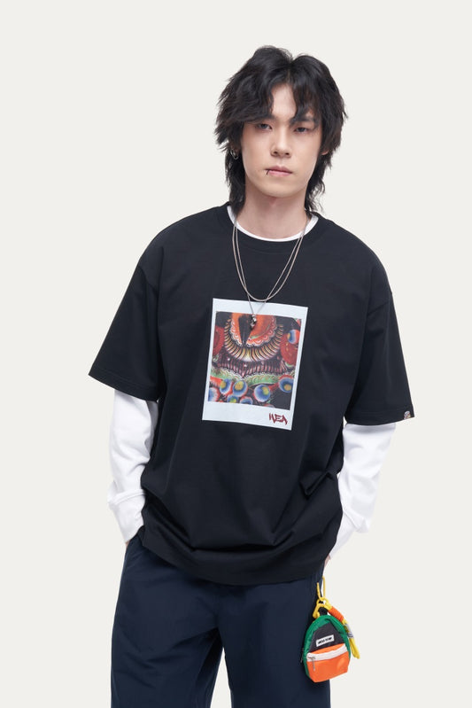 HEA Unisex Oversized Graphic T-Shirt, Crew Neck Cotton Tee with Front & Back Lion Print, Casual Streetwear Top for Men Women