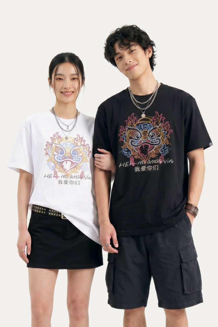 HEA Colorful Lion Head Graphic T-shirt, Unisex Casual Streetwear Short Sleeve Tee