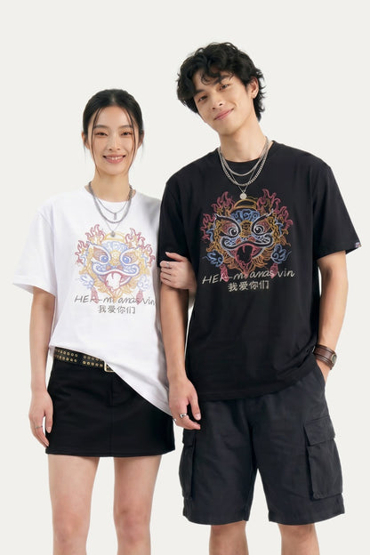 HEA Colorful Lion Head Graphic T-shirt, Unisex Casual Streetwear Short Sleeve Tee