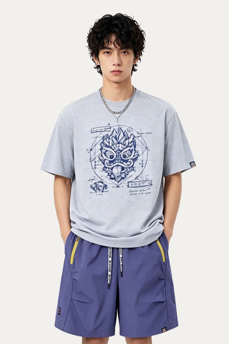 HEA Blueprint Sketch Lion Head Crewneck Tee, Unisex Casual Cotton Short Sleeve T-Shirt