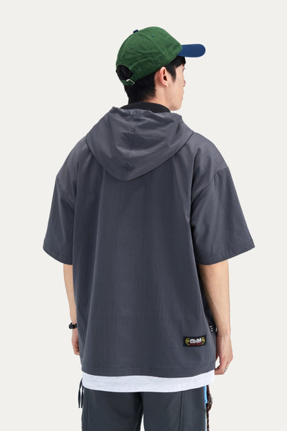 HEA Half Button Short Sleeve Hooded Polo Shirt, Unisex Contrast Stitch Casual Street Top