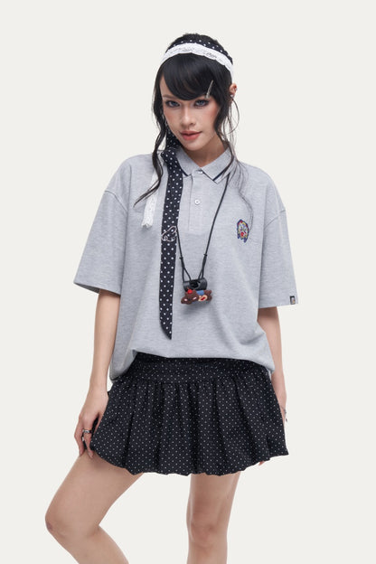 HEA Unisex Oversized Polo Shirt, Short-Sleeve Streetwear Top with Embroidered Logo, Casual Collared Tee for Men & Women