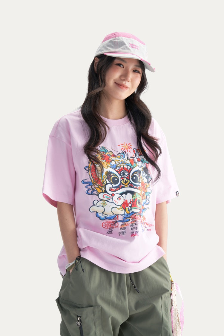 HEA Unisex Heavyweight Cotton Colorful Lion Graphic T-Shirt, Oversized Streetwear Short Sleeve Tee