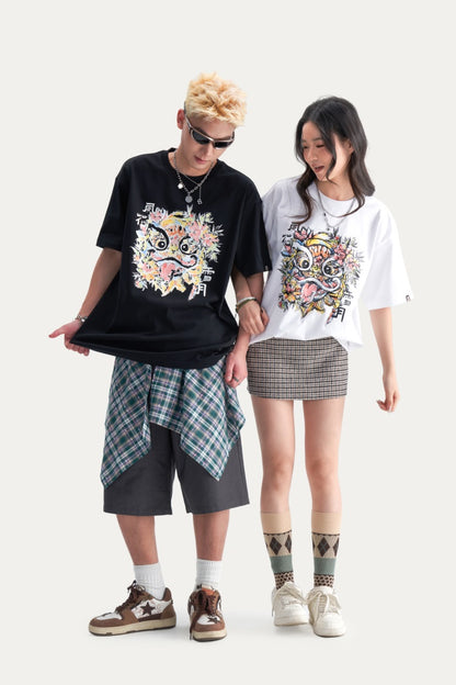 HEA Unisex Heavyweight Cotton Colorful Lion Graphic T-Shirt, Oversized Streetwear Short Sleeve Tee