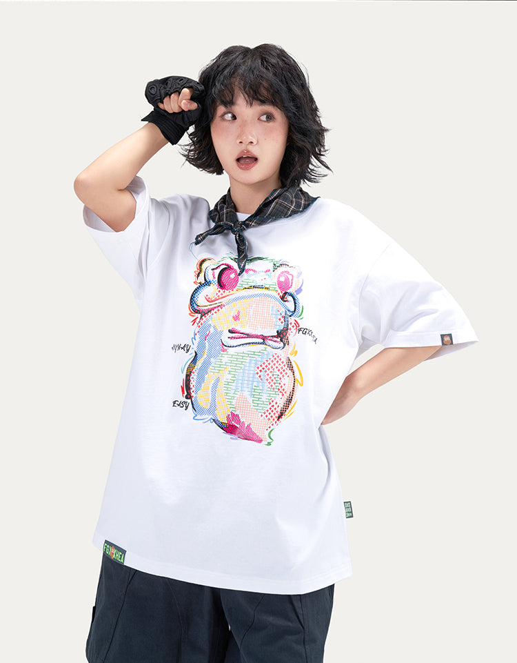 HEA Cartoon Graphic Print T-Shirt Casual Streetwear Short Sleeve Tee Unisex Trendy Cotton T-shirt