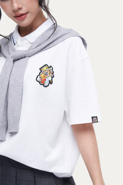 HEA Unisex Oversized Polo Shirt, Casual Collared Top with Lion Embroidery, Breathable Textured Fabric for Men Women