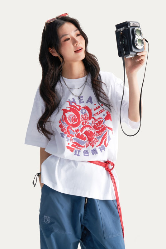 HEA Unisex Heavyweight 100% Cotton Lion Print T-Shirt, Casual Oversized Streetwear Short Sleeve