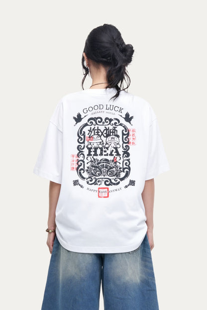 HEA Unisex Oversized Graphic T-Shirt, Crew Neck Cotton Tee with Front & Back Lion Print, Casual Streetwear Top for Men Women