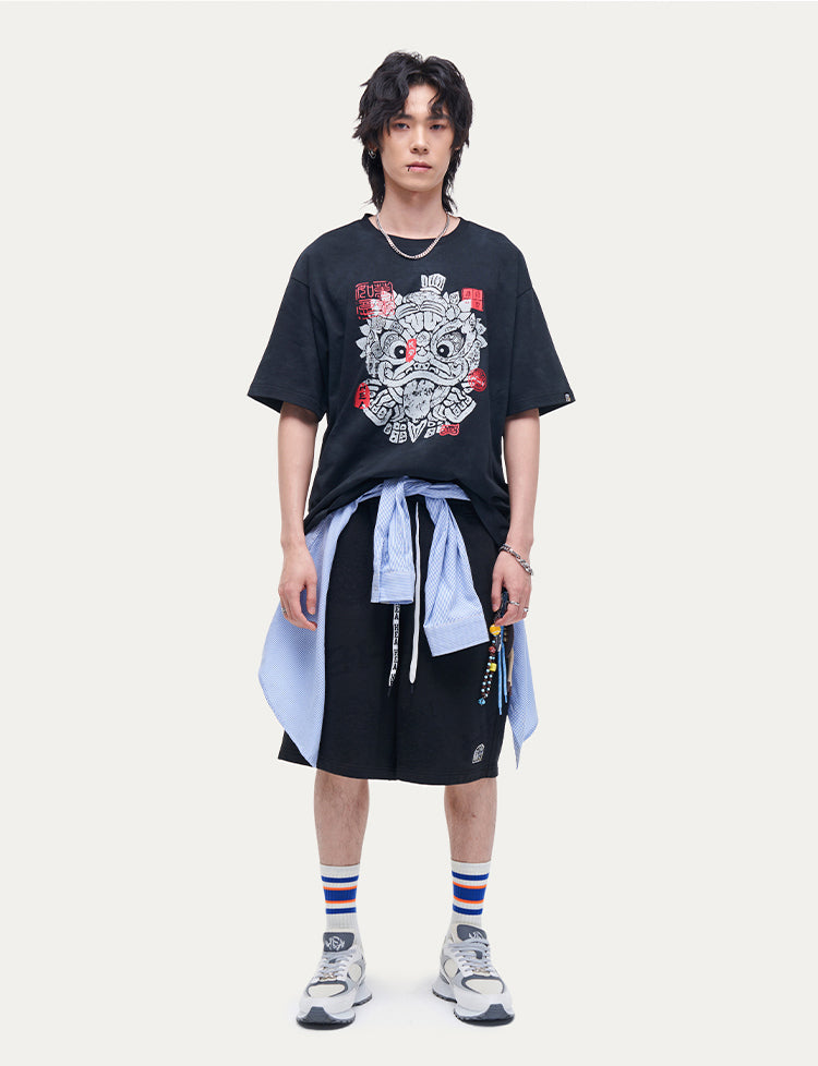 HEA Unisex Tie Dye Lion Print T-Shirt, Casual Streetwear Oversized Short Sleeve Cotton Tee