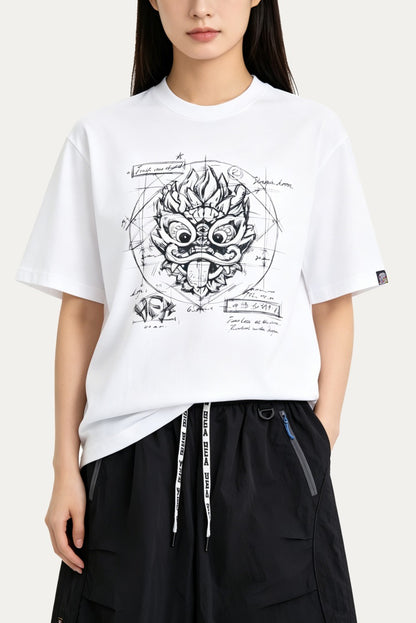 HEA Blueprint Sketch Lion Head Crewneck Tee, Unisex Casual Cotton Short Sleeve T-Shirt