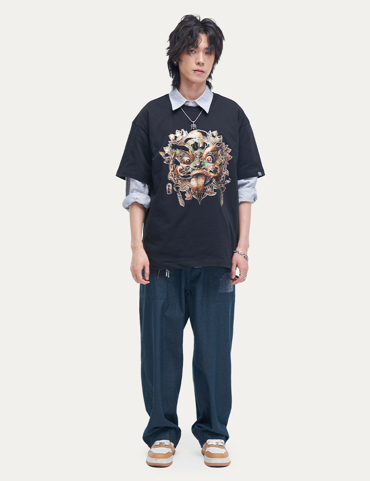 HEA Unisex Heavyweight Cotton Lion Graphic T-Shirt, Oversized Streetwear Short Sleeve Tee