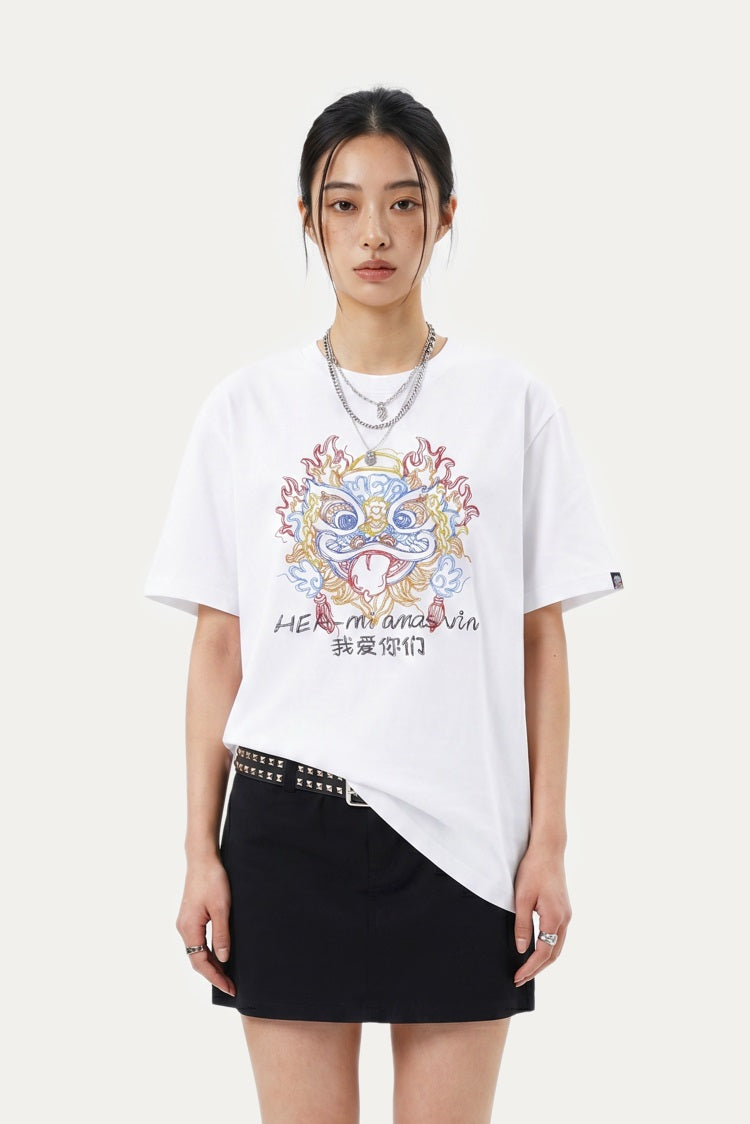 HEA Colorful Lion Head Graphic T-shirt, Unisex Casual Streetwear Short Sleeve Tee