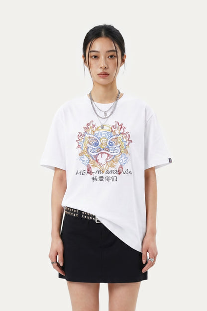 HEA Colorful Lion Head Graphic T-shirt, Unisex Casual Streetwear Short Sleeve Tee