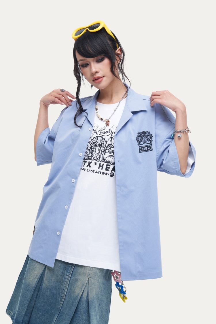 HEA Unisex Oversized Short-Sleeve Shirt, Streetwear Button-Up Top with Front & Back Lion Print, Casual Loose Fit Blouse for Men & Women
