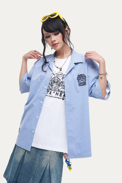 HEA Unisex Oversized Short-Sleeve Shirt, Streetwear Button-Up Top with Front & Back Lion Print, Casual Loose Fit Blouse for Men & Women
