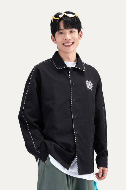 HEA Contrast Stitch Lion Embroidery Oversized Shacket, Men’s Casual Long Sleeve Button Down Shirt Jacket
