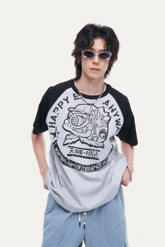 HEA Unisex Heavyweight 100% Cotton Raglan Sleeve Lion Print T-Shirt, Casual Streetwear Short Sleeve