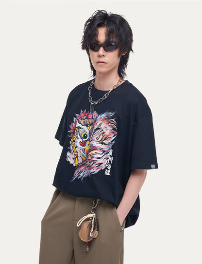 HEA Unisex Heavyweight 100% Cotton Lion Eagle Graphic T-Shirt, Oversized Streetwear
