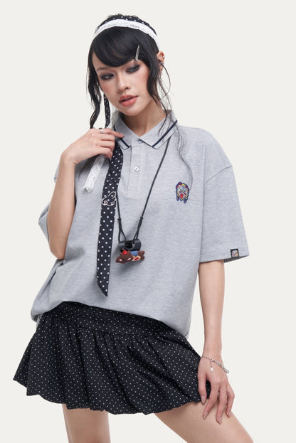 HEA Unisex Oversized Polo Shirt, Short-Sleeve Streetwear Top with Embroidered Logo, Casual Collared Tee for Men & Women