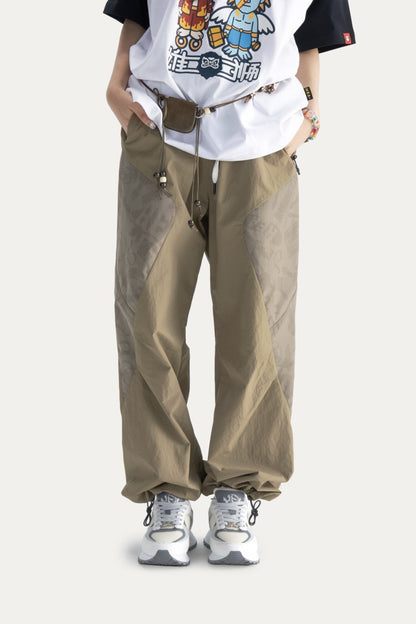 HEA Men’s Patchwork Print Cargo Pants, Casual Streetwear Loose Wide-Leg Trousers with Drawstring Waist
