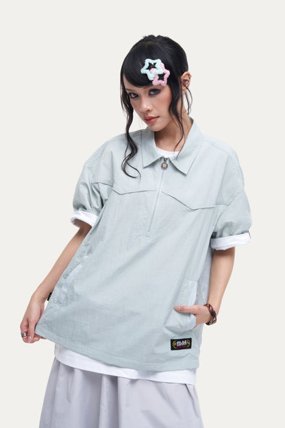 HEA Unisex Half-Zip Polo Shirt, Streetwear Printed Back Short-Sleeve Top, Casual Loose Fit Collared Tee for Men & Women