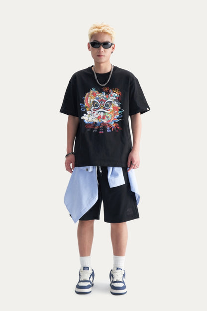 HEA Unisex Heavyweight Cotton Colorful Lion Graphic T-Shirt, Oversized Streetwear Short Sleeve Tee