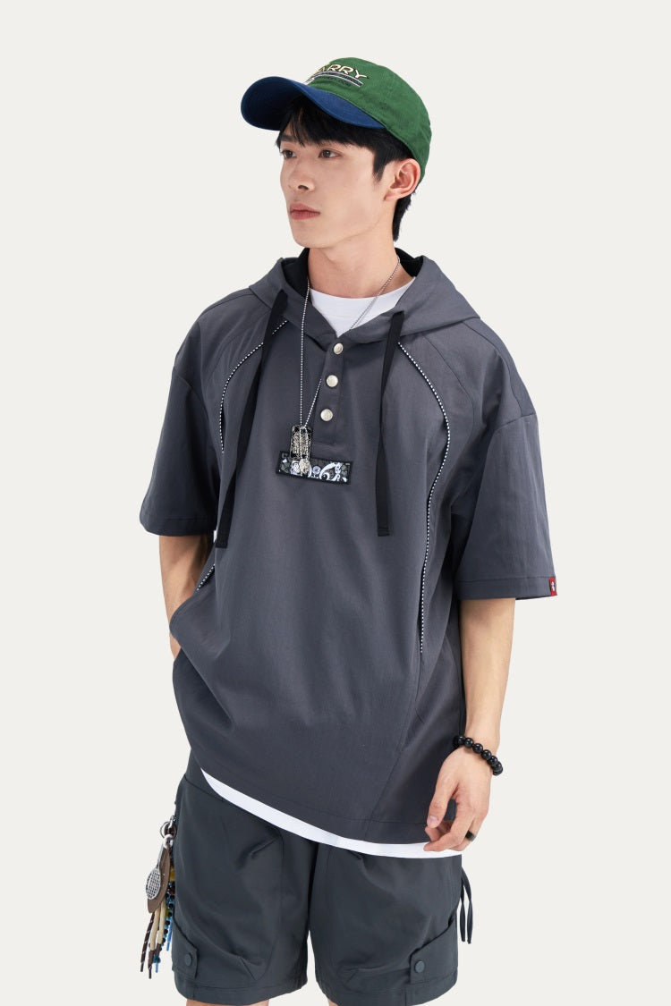 HEA Half Button Short Sleeve Hooded Polo Shirt, Unisex Contrast Stitch Casual Street Top