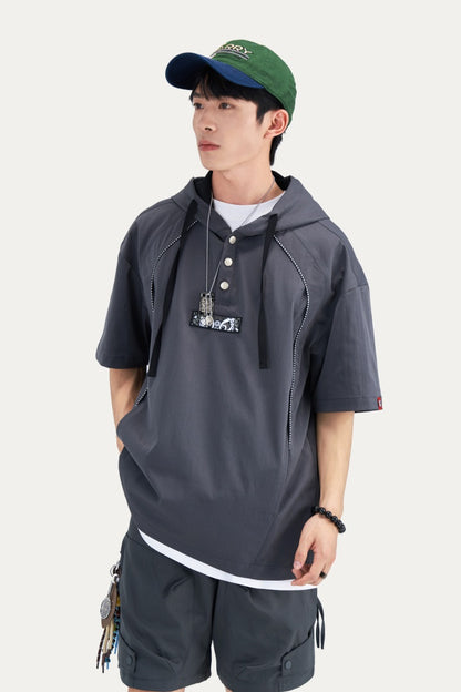 HEA Half Button Short Sleeve Hooded Polo Shirt, Unisex Contrast Stitch Casual Street Top