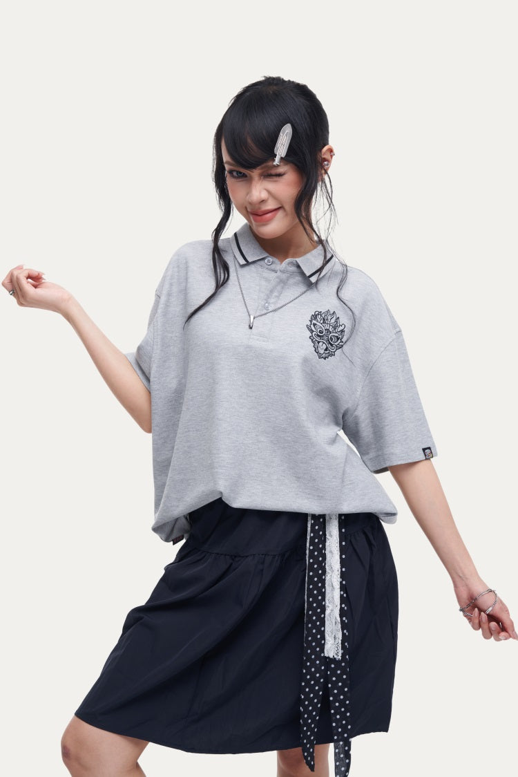 HEA Unisex Oversized Polo Shirt, Short-Sleeve Streetwear Top with Embroidered Lion Logo, Casual Collared Tee for Men & Women