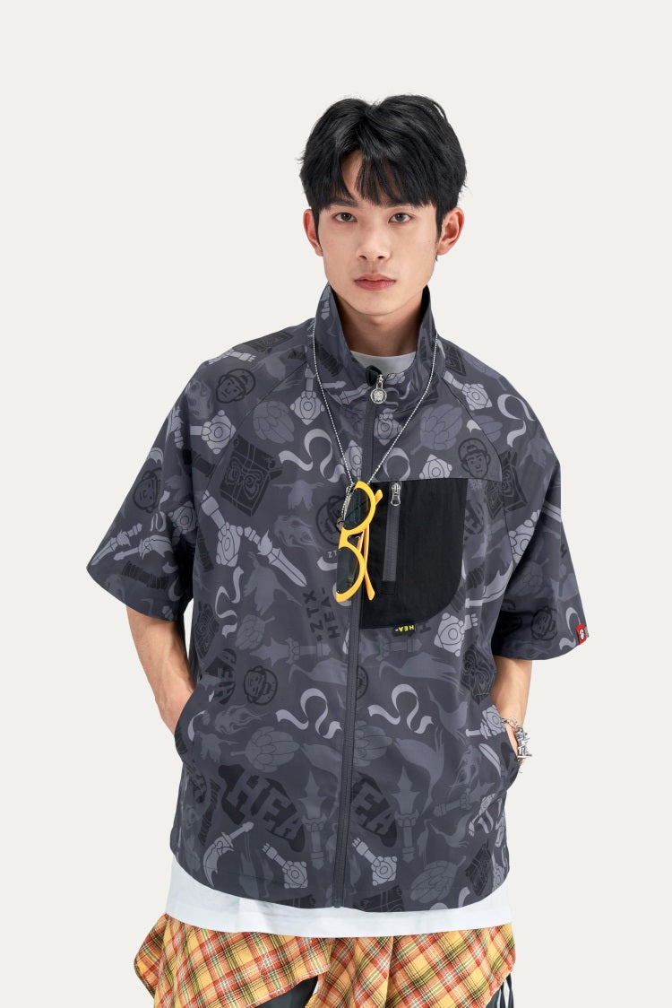 HEA All-Over Print Half-Sleeve Zip-Up Jacket | Unisex Streetwear Casual Stand Collar Top
