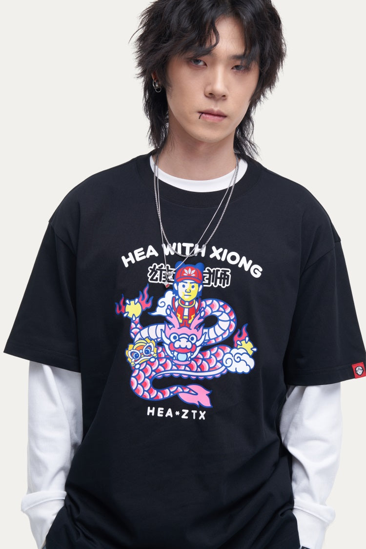 HEA Unisex Oversized Cartoon Print T-Shirt, Crew Neck Cotton Tee with Graffiti-Style Character Design, Casual Streetwear Top for Men Women