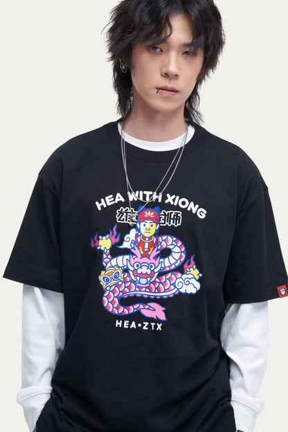 HEA Unisex Oversized Cartoon Print T-Shirt, Crew Neck Cotton Tee with Graffiti-Style Character Design, Casual Streetwear Top for Men Women