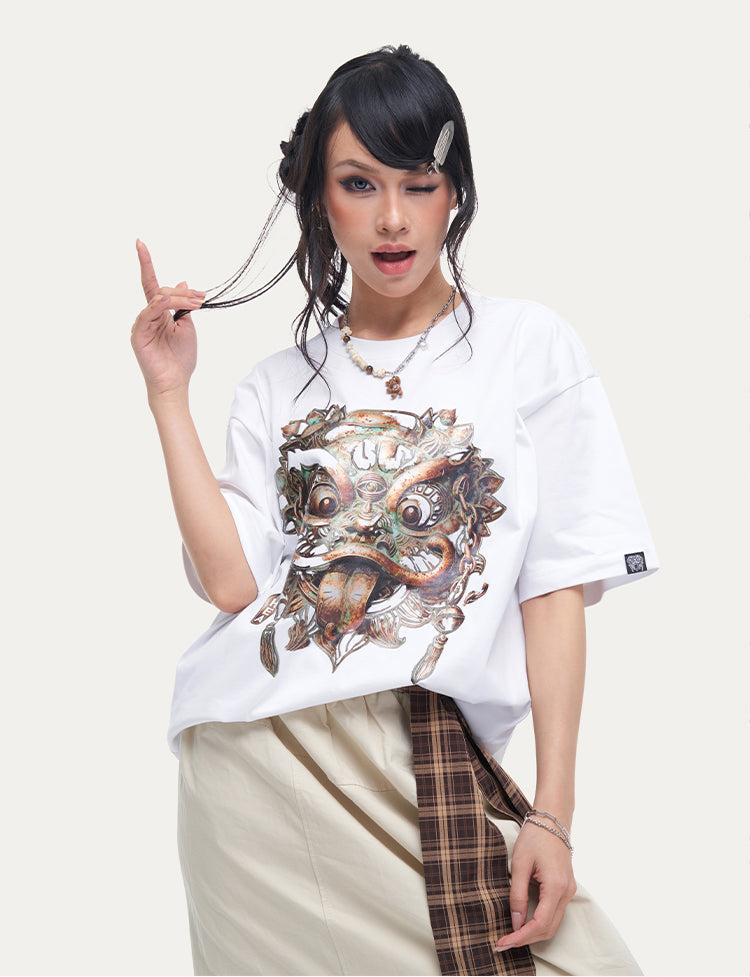 HEA Unisex Heavyweight Cotton Lion Graphic T-Shirt, Oversized Streetwear Short Sleeve Tee