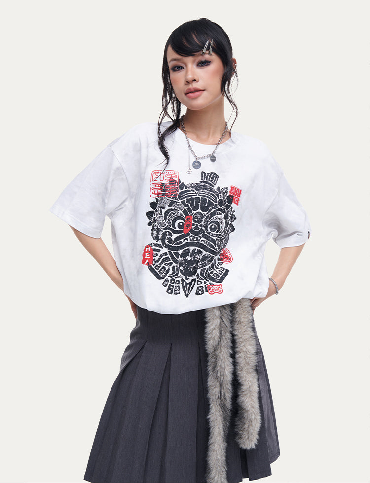 HEA Unisex Tie Dye Lion Print T-Shirt, Casual Streetwear Oversized Short Sleeve Cotton Tee