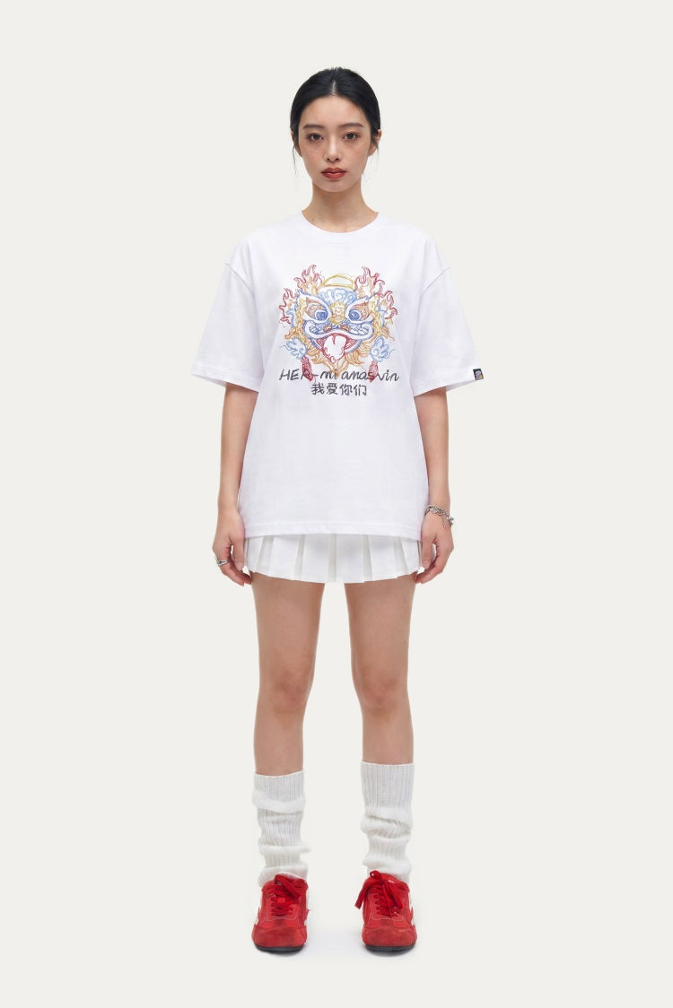 HEA Colorful Lion Head Graphic T-shirt, Unisex Casual Streetwear Short Sleeve Tee