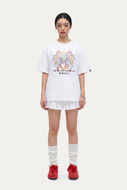 HEA Colorful Lion Head Graphic T-shirt, Unisex Casual Streetwear Short Sleeve Tee