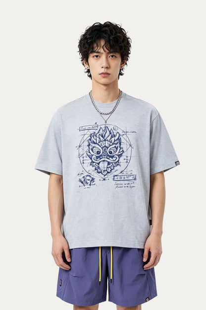 HEA Blueprint Sketch Lion Head Crewneck Tee, Unisex Casual Cotton Short Sleeve T-Shirt