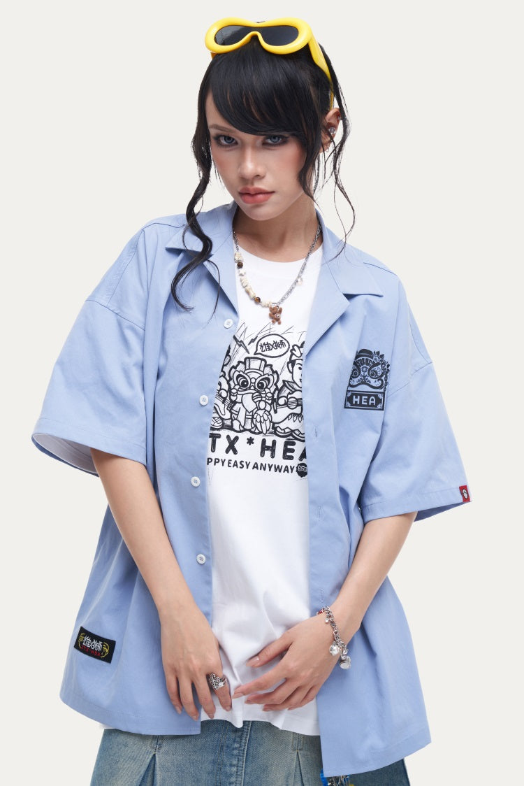 HEA Unisex Oversized Short-Sleeve Shirt, Streetwear Button-Up Top with Front & Back Lion Print, Casual Loose Fit Blouse for Men & Women