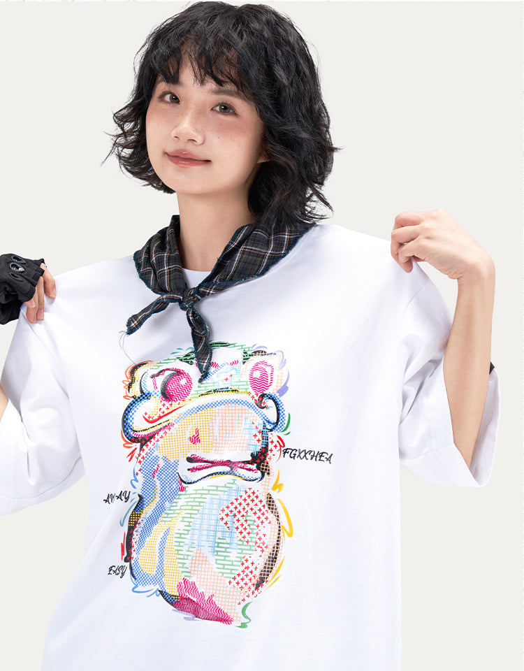 HEA Cartoon Graphic Print T-Shirt Casual Streetwear Short Sleeve Tee Unisex Trendy Cotton T-shirt