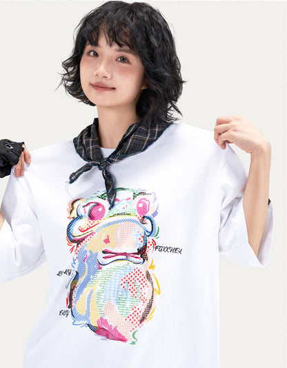 HEA Cartoon Graphic Print T-Shirt Casual Streetwear Short Sleeve Tee Unisex Trendy Cotton T-shirt